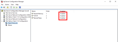 SQL Server Manager Client Protocols page showing Shared Memory, TCP/IP, and Named Pipes as enabled. 
